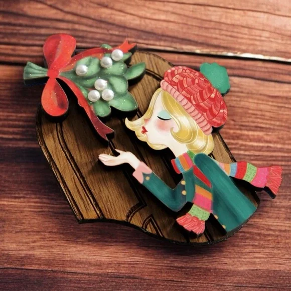 Kiss Me Under The Mistletoe LaliBlue Blonde Christmas Brooch Pin - Picture 2 of 5